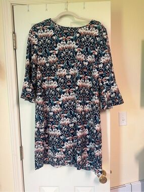Banana Republic Navy Floral Print Dress Top with Coral and Teal Accents